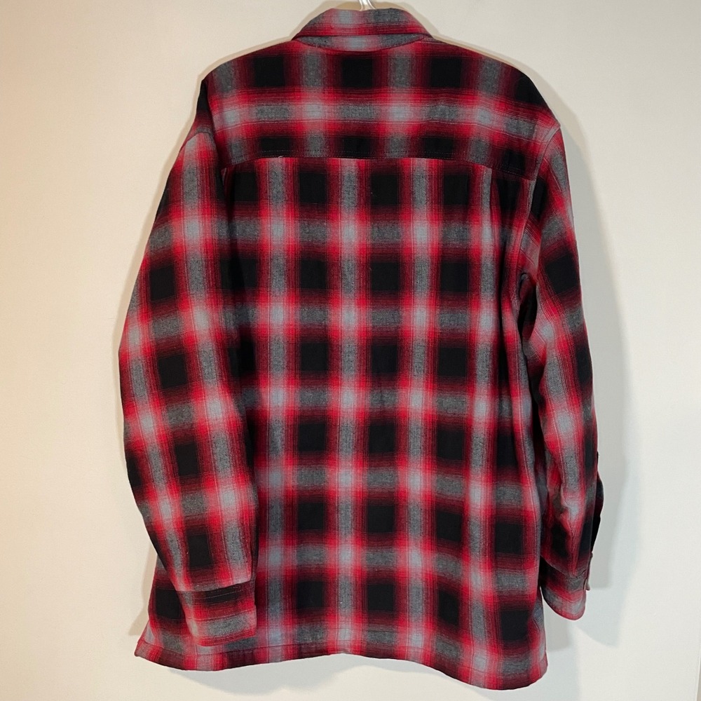 Red Head Mens L Fleece Lined Flannel Shirt Red Black Plaid Heavy Shacket Warm - Picture 7 of 7